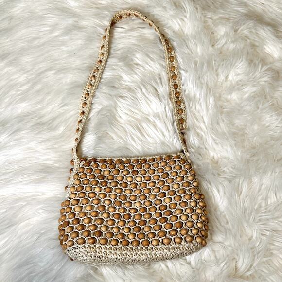 Vintage Handbags - Vintage Wooden Hand Beaded Boho Shoulder Bag
